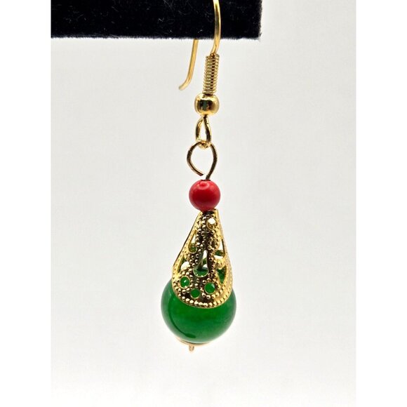 Spinach Jade Teardrop Hook earrings with Gold Filagree and Red Coral Bead 2 inch - Picture 5 of 5